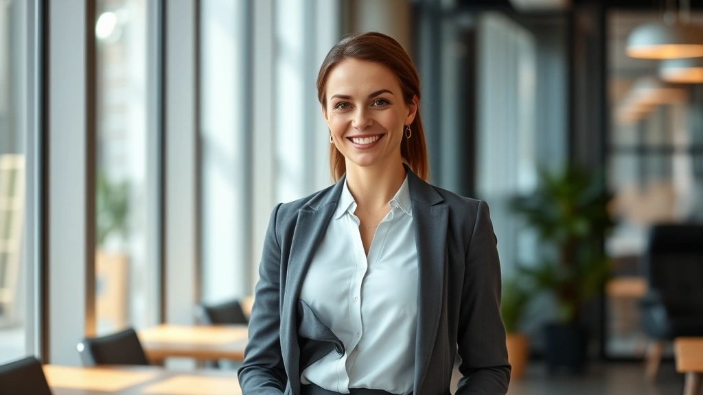 Professional woman standing confidently in modern office, natural lighting, authentic expression of determination and self-assurance, hands relaxed at sides, upright posture, genuine smile