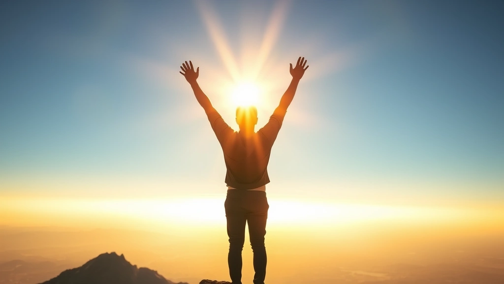 Person at sunrise on mountain peak, arms raised in triumph, golden light illuminating face, expression of achievement and inner strength after overcoming challenge, vast landscape below