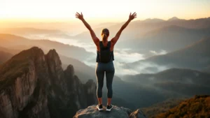 Professional woman standing at edge of cliff overlooking misty mountain valley at sunrise, arms raised in triumph, wearing athletic casual wear, golden hour lighting, expansive landscape background, representing breakthrough and elevated perspective