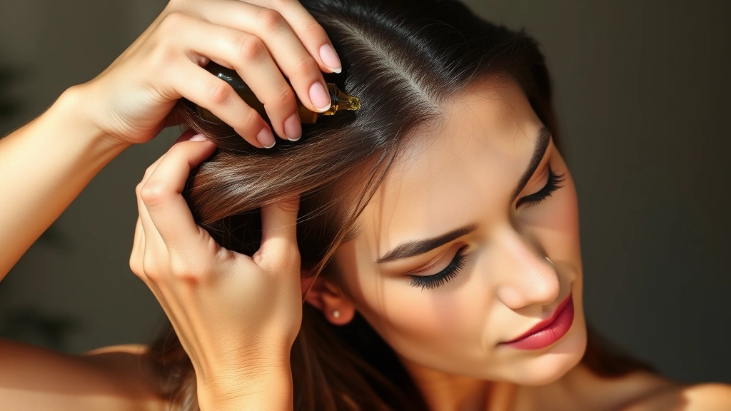 Woman with healthy, shiny hair applying natural oil to scalp, focused expression, natural lighting, showing hair care commitment and self-improvement