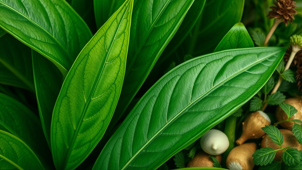 Close-up of lush green plant leaves and botanical ingredients representing natural hair care components, vibrant and fresh aesthetic