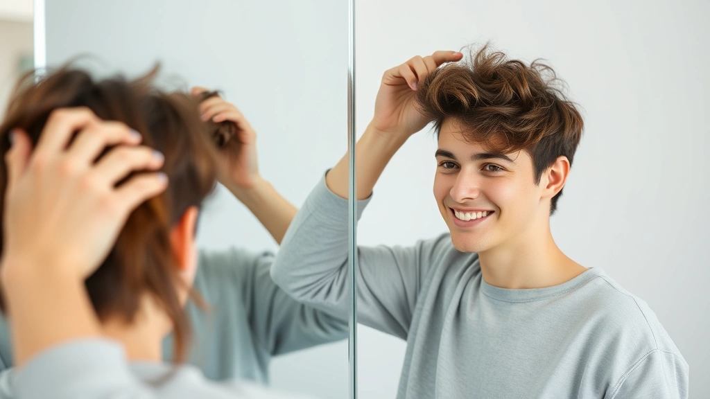 Person checking hair growth progress in mirror with satisfied expression, demonstrating positive results from consistent hair care routine and personal wellness dedication