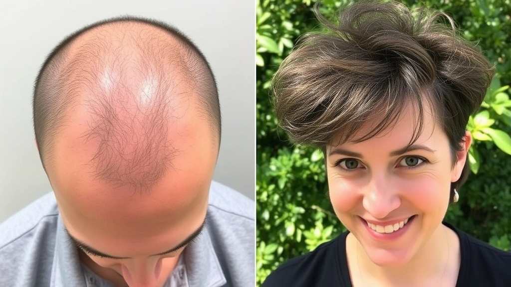 Before-and-after transformation showing improved hair density and thickness on scalp, natural lighting highlighting fuller hair volume, person displaying confidence and satisfaction with results