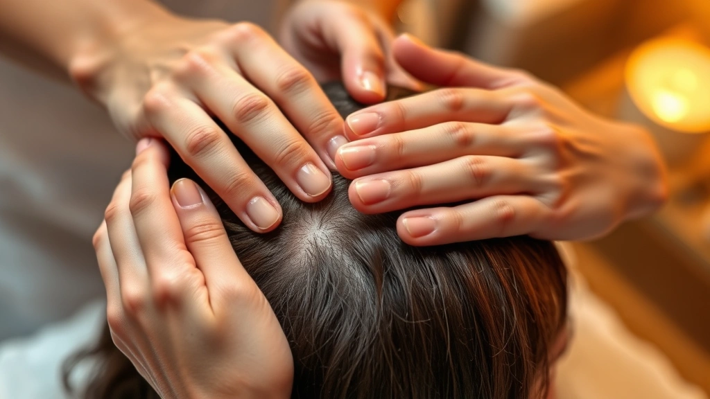 Close-up of hands massaging scalp during oil treatment, demonstrating circulation improvement and proper application method, healthy scalp appearance, warm ambient lighting emphasizing care and wellness