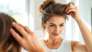 A woman examining her scalp in a mirror with visible hair growth improvements, natural sunlight streaming through window, confident expression, close-up of new baby hairs along hairline, serene bathroom setting