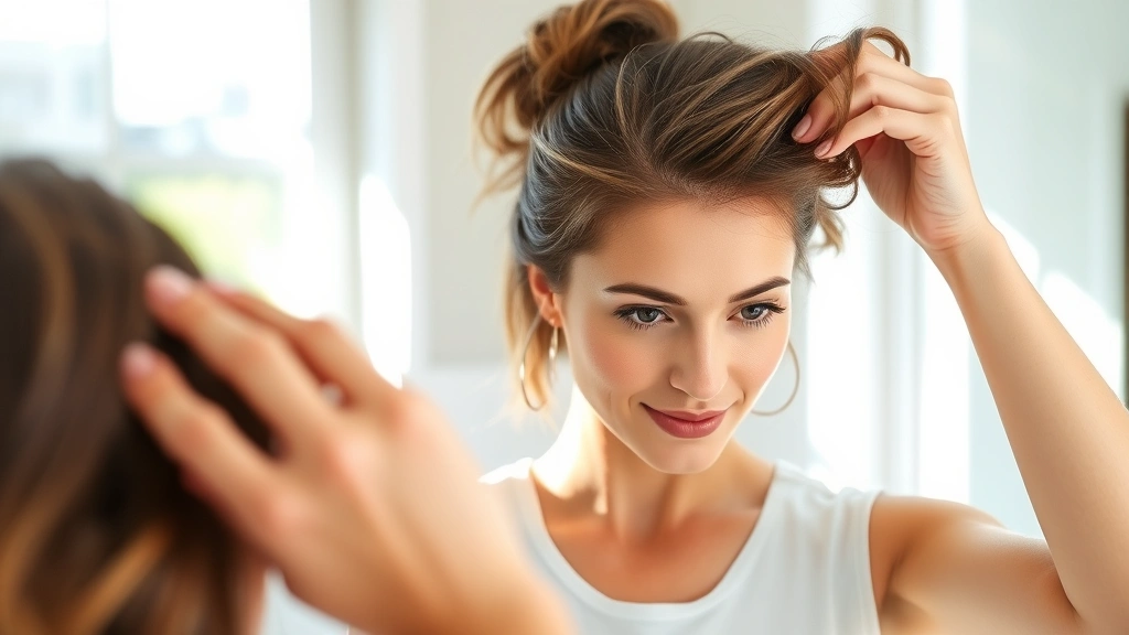 A woman examining her scalp in a mirror with visible hair growth improvements, natural sunlight streaming through window, confident expression, close-up of new baby hairs along hairline, serene bathroom setting