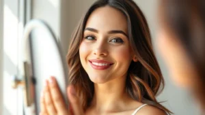 Young professional woman with radiant, clear glowing skin looking confidently in mirror, natural lighting, peaceful expression, skincare routine moment, before and after complexion transformation visible in soft focus background