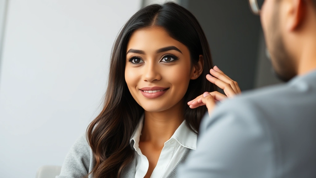 Woman with visibly improved complexion during professional meeting, making eye contact, confident body language, natural skin radiance, workplace confidence boost, successful personal development moment captured