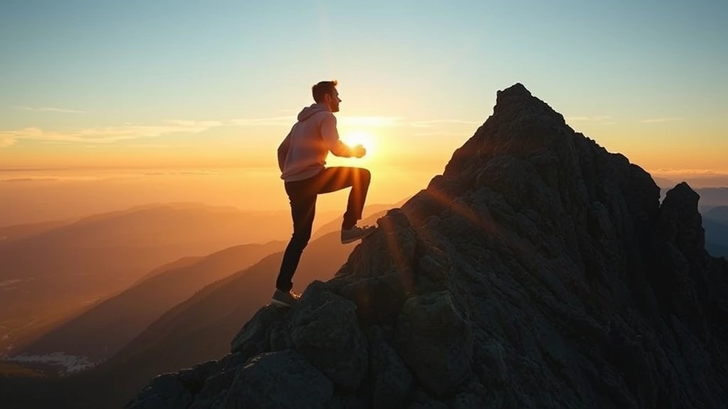 Person climbing a mountain at sunrise with determination and confidence, symbolizing personal growth and overcoming challenges, photorealistic landscape photography