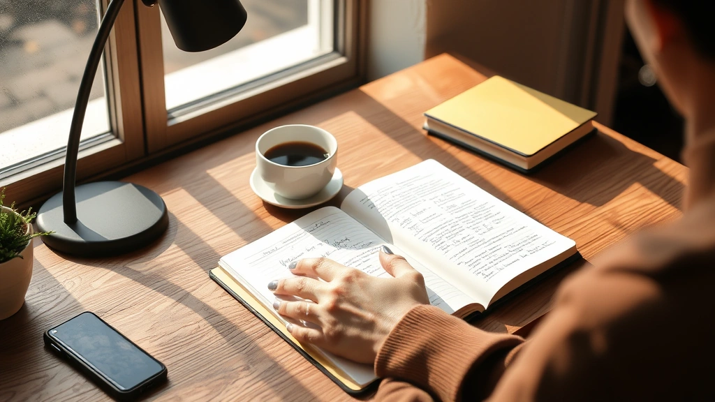 Individual writing in a journal at a wooden desk with morning coffee, focused on personal reflection and goal-setting, warm natural lighting through window