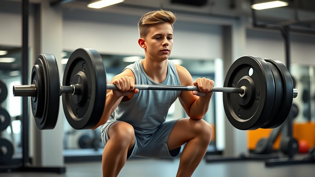 Teenage athlete in gym performing proper barbell squat form with excellent posture, focused expression, well-lit modern gym setting, showing correct technique and confidence during resistance training session