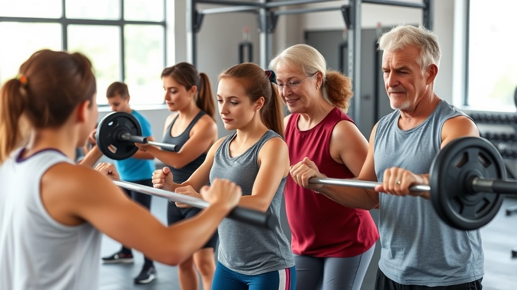 Multi-generational athletes of different ages performing age-appropriate resistance training together, showing progression from younger to older youth, supportive coaching environment, diverse group in modern facility