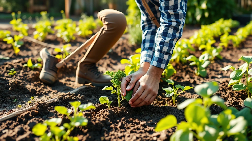 Professional gardener in morning sunlight tending thriving vegetable garden with rich soil, showing hands planting seedlings with focused determination and peaceful expression