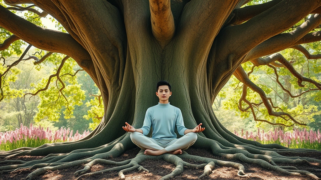 Person meditating under large tree with visible root system, surrounded by blooming flowers and natural growth, representing inner foundation and personal development connection