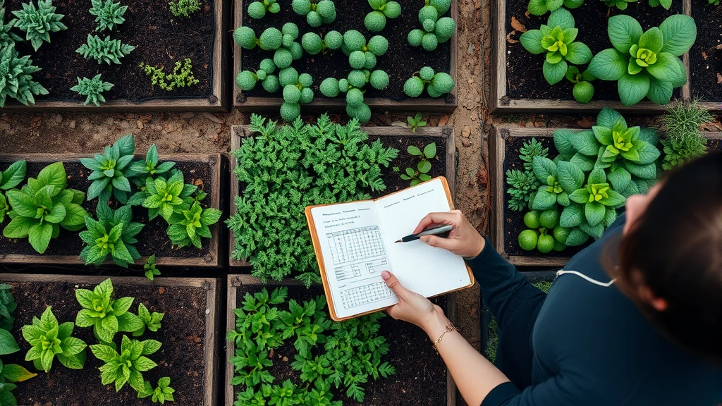 Overhead view of organized garden beds with diverse plants at different growth stages, person reviewing notebook with growth metrics and progress tracking visible