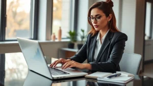 A professional woman reviewing data on a laptop with upward trending graphs visible on her screen, sitting at a modern desk with morning light streaming through windows, confident and focused expression, notebook and pen nearby