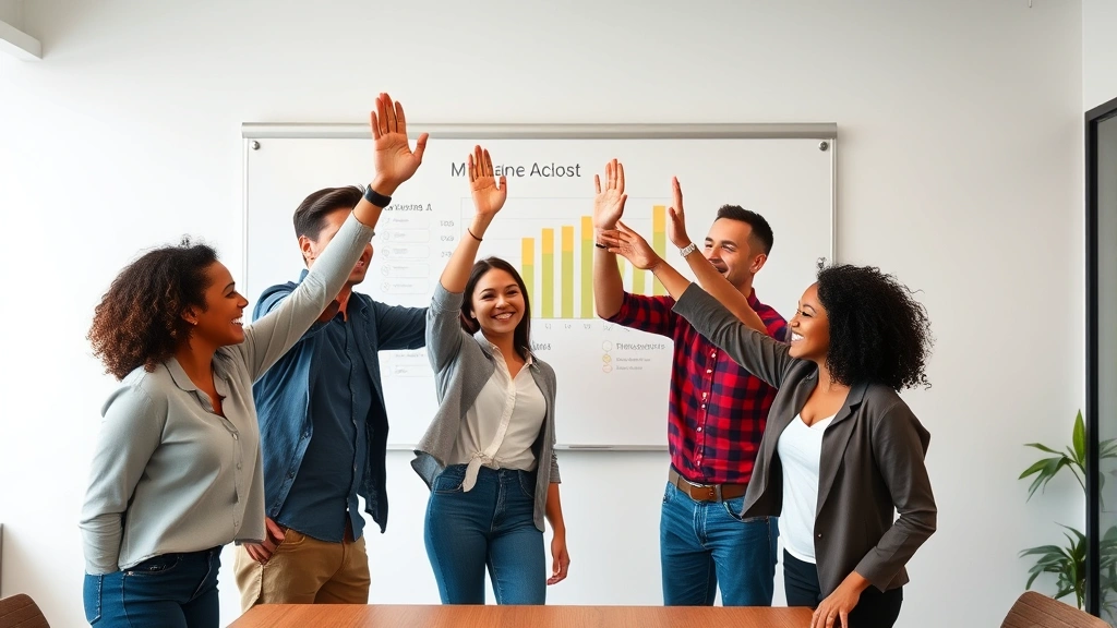 A diverse group of four people in a meeting room celebrating a milestone achievement, high-fiving and smiling, with a whiteboard behind them showing progress charts and goal markers, energetic and positive atmosphere