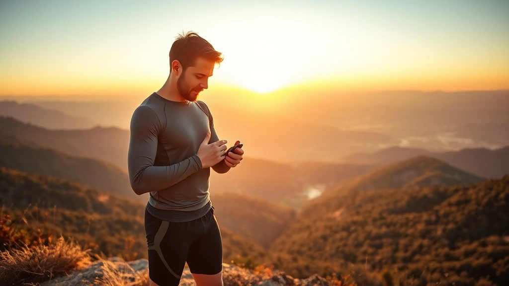 A fit person in athletic wear checking their fitness tracker while standing on a mountain overlook with a scenic valley below, representing progress and achievement, sunrise golden light, peaceful yet determined expression