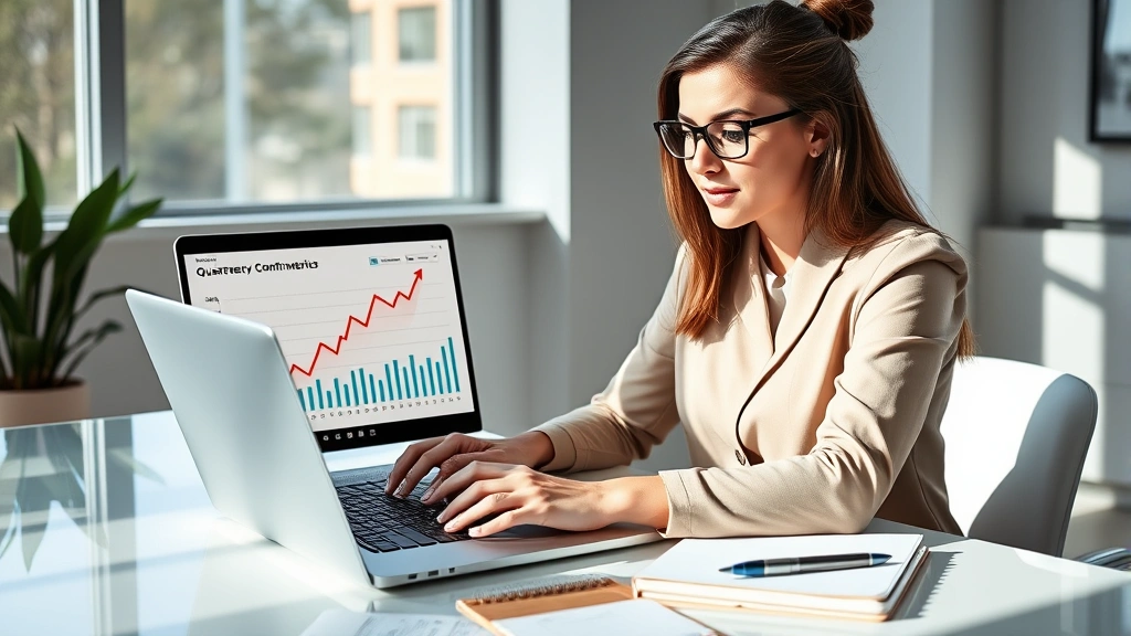 Professional woman reviewing quarterly growth charts and metrics on laptop screen, sitting at modern desk with natural sunlight, focused expression, notebook and pen visible, representing personal development tracking and progress measurement
