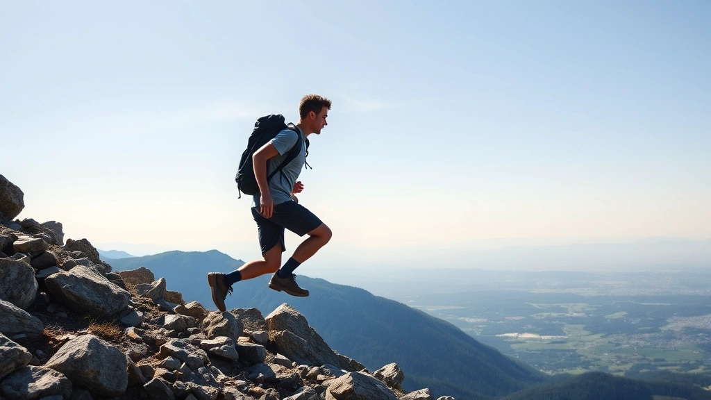 Person climbing mountain trail with clear sky ahead, strong determined posture, scenic overlook in background, symbolizing overcoming growth plateaus and reaching new heights in personal development journey