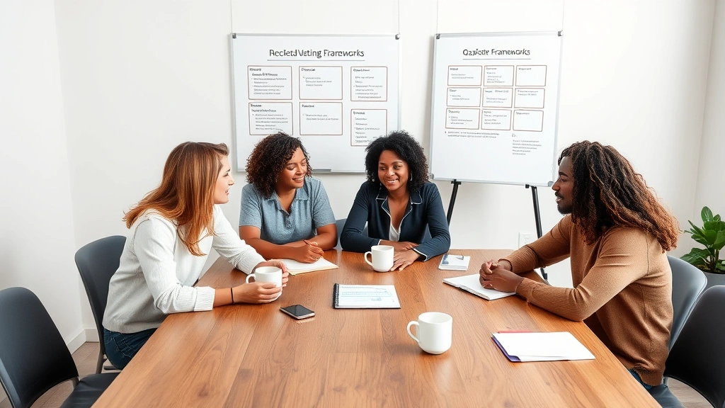 Diverse group of four people in collaborative mastermind meeting around wooden table, engaged discussion, whiteboards with goal-setting frameworks visible, coffee cups, notebooks, representing accountability and shared growth momentum