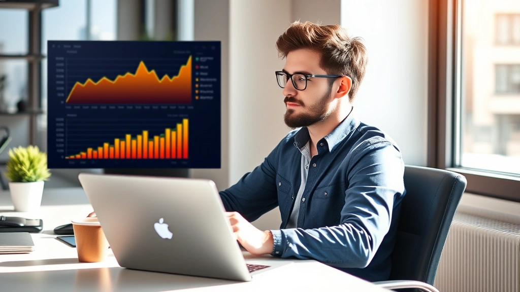 Person sitting at desk with laptop, looking at dashboard with upward trending graph, natural sunlight, focused expression, coffee cup nearby, modern workspace, motivational energy, professional casual clothing