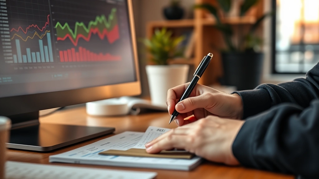 Close-up of hands writing notes next to computer showing growth charts and metrics, notebook and pen, warm office lighting, productive atmosphere, person appears engaged and thoughtful