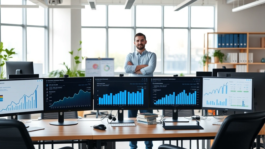 Wide shot of professional workspace with multiple monitors displaying analytics dashboards, growth charts, and performance metrics, person in background standing with arms crossed confidently, modern office environment, natural lighting