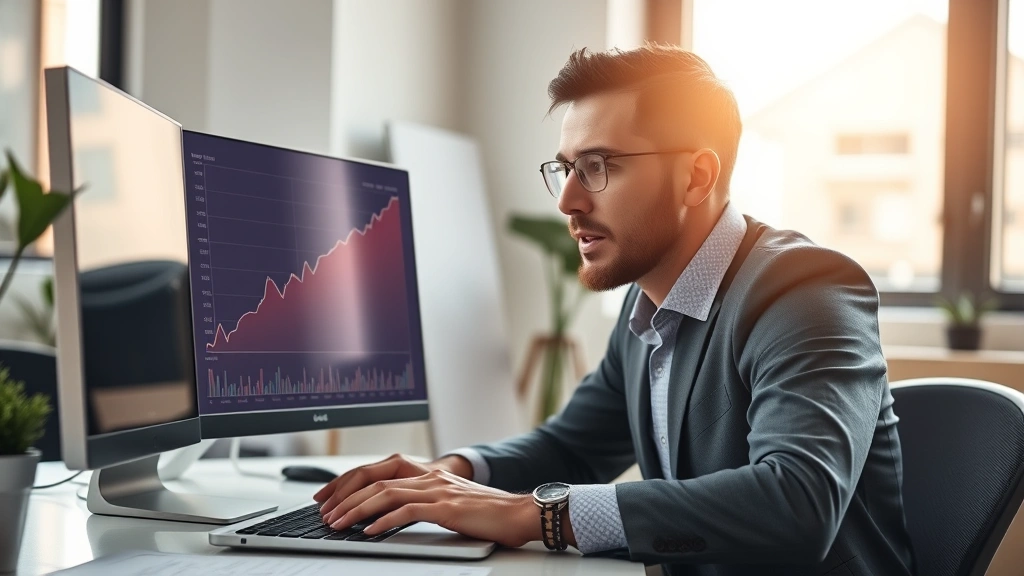 Professional financial analyst reviewing growth charts on computer screen, focused expression, modern office environment, natural lighting, laptop with ascending line graphs visible
