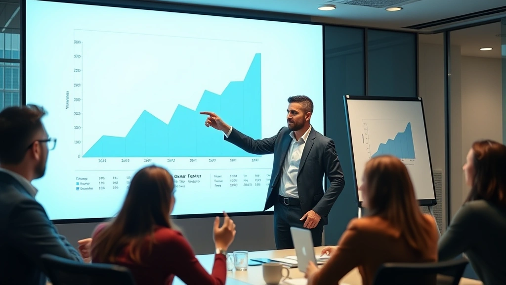 Confident entrepreneur presenting growth data visualization on large screen to team, pointing at upward trending graph, collaborative meeting room, modern business setting
