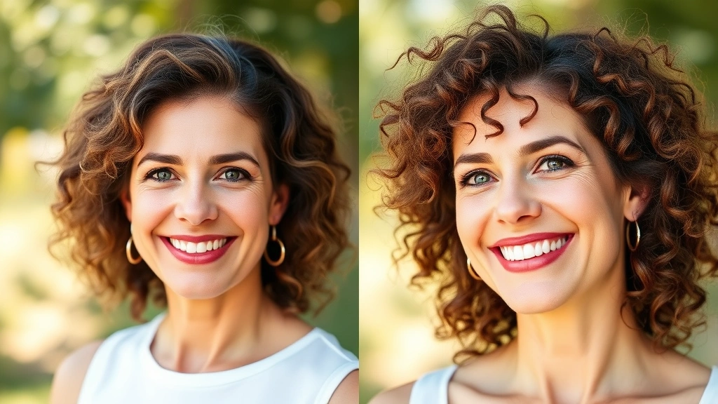Woman with noticeably fuller, healthier hair, confident smile, natural outdoor lighting, demonstrating transformation and renewed self-confidence after hair restoration success
