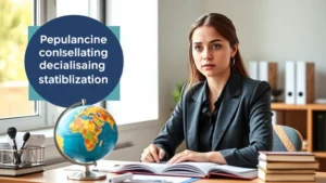 Young woman in professional attire studying at desk with globe and educational materials, determined expression, natural morning light through window, representing female education and empowerment driving population stabilization