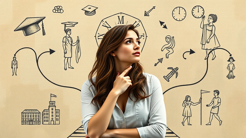 Woman at crossroads or making decision, surrounded by symbols of education, career, and personal fulfillment rather than children, thoughtful contemplative pose, representing autonomous reproductive choices and life planning