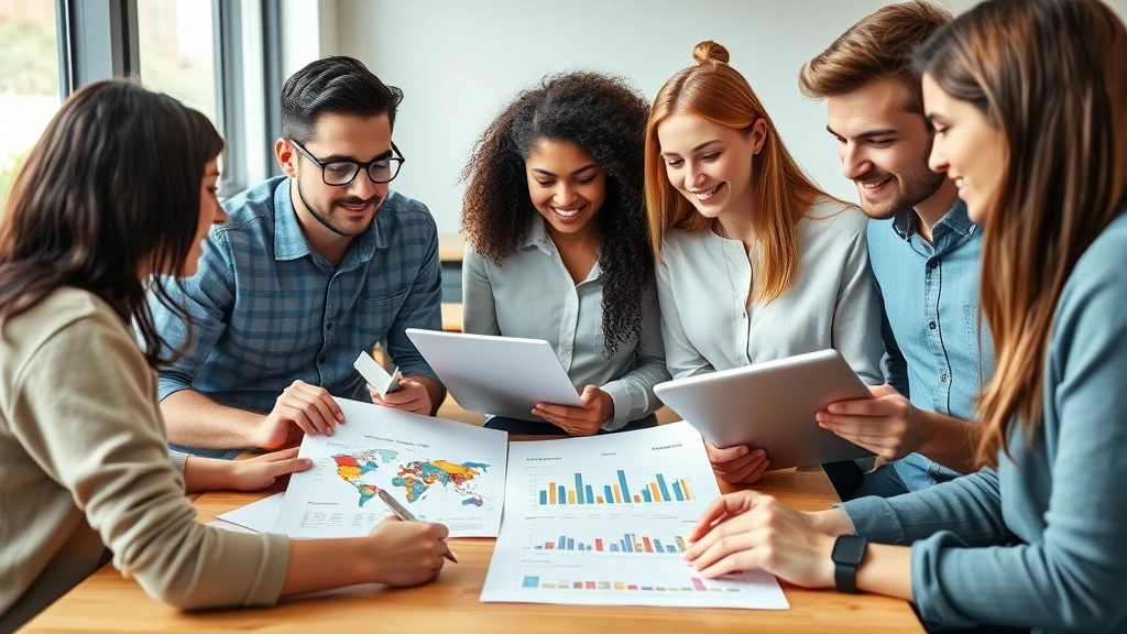 Diverse group of young professionals studying demographic charts and population statistics together in modern classroom, natural lighting, focused expressions, notebook and tablet visible