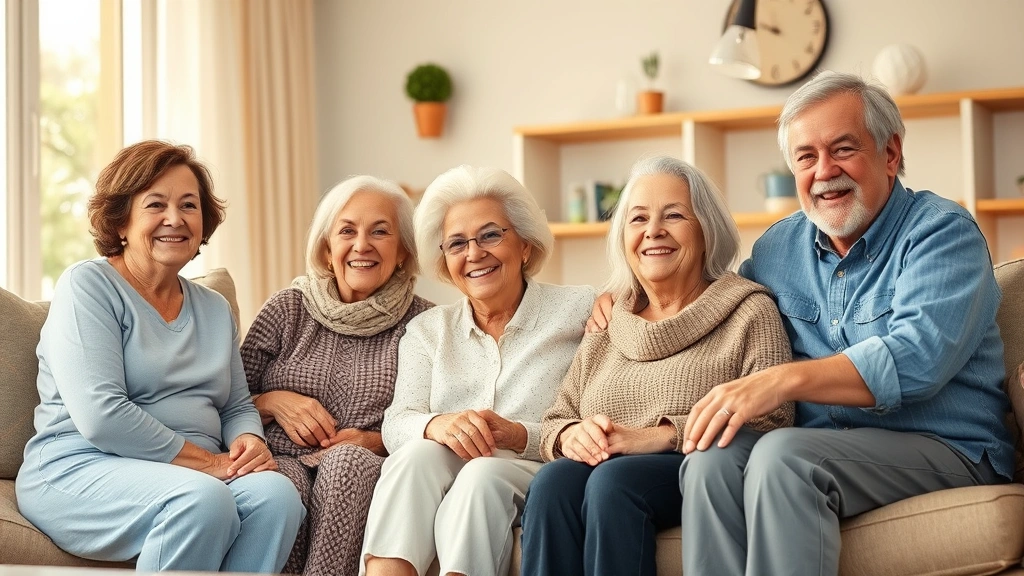 Multigenerational family members of different ages gathered together in comfortable living space, representing aging populations and demographic transitions, warm natural lighting