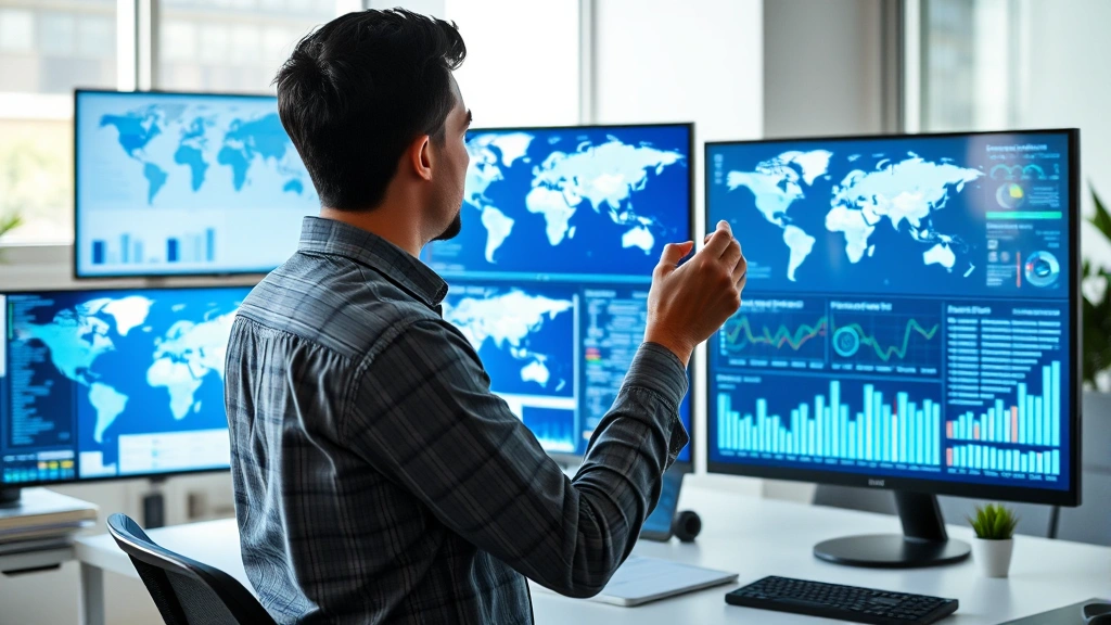 Person reviewing global population data on multiple screens showing maps and demographic trends, strategic planning atmosphere, clean modern office environment with charts