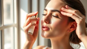 Woman applying luminous serum to glowing complexion, morning light streaming through window, serene spa-like setting, visible skin radiance and dewiness, professional skincare application