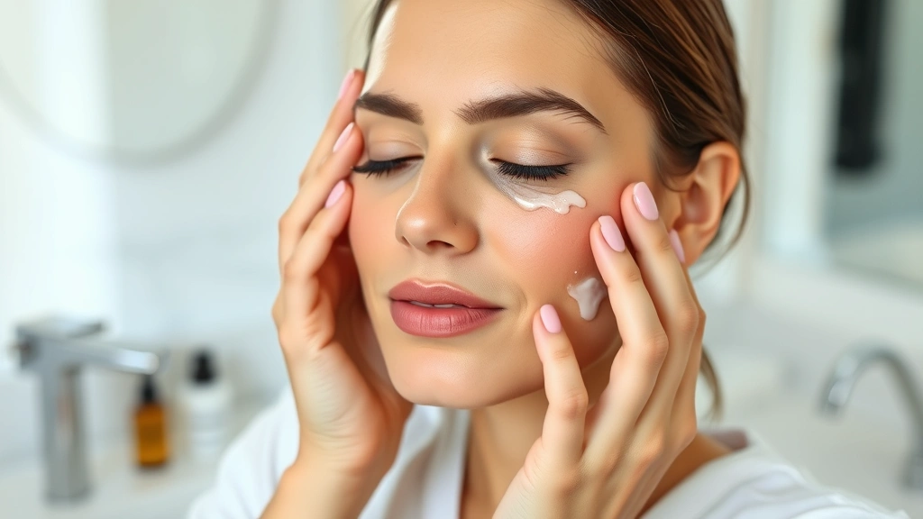Woman performing facial massage and skincare routine with serums, hands pressing product into skin, peaceful expression, luxury bathroom environment, professional skincare application technique