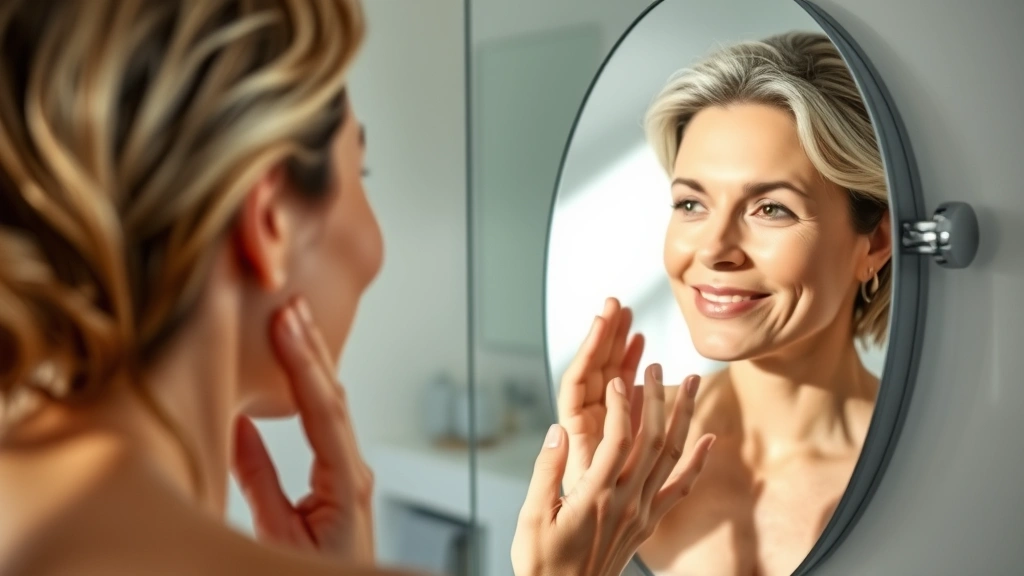 A woman in her 40s examining her glowing, radiant complexion in a mirror with soft natural lighting, serene expression of satisfaction, clean bathroom setting with minimalist decor, showcasing visible skin improvement and luminosity