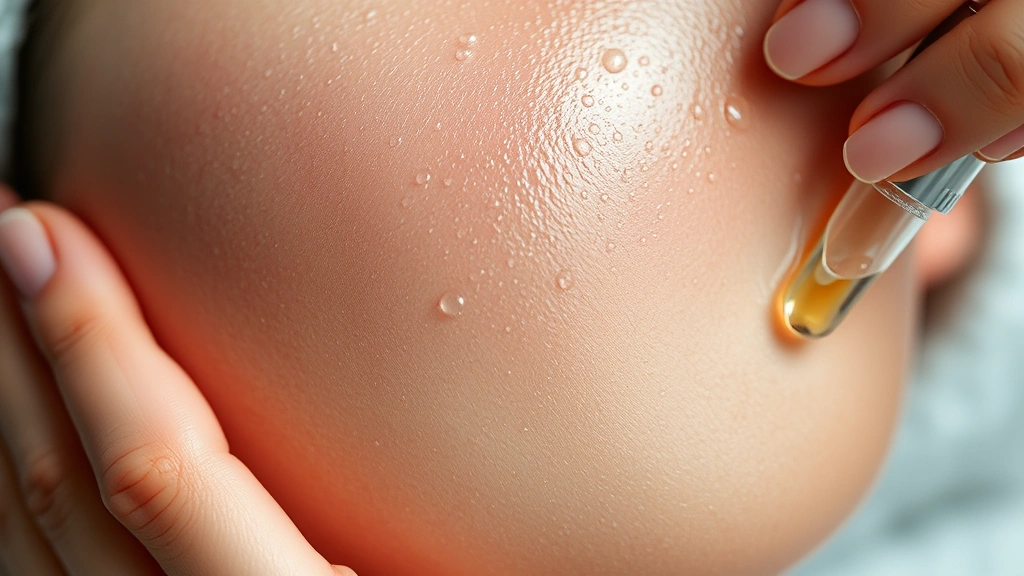 Close-up of dewy, poreless skin texture with a subtle glow, water droplets on face, showing firmness and elasticity, professional skincare application in progress, hands applying serum with upward strokes, spa-like ambiance