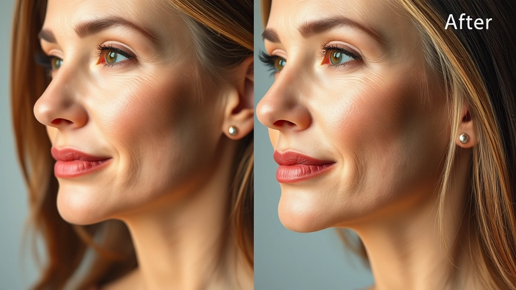 Before and after style composition showing a woman's face profile from side angle, demonstrating improved skin firmness, reduced fine lines, and enhanced radiance, soft diffused lighting, confident expression, natural makeup-free look