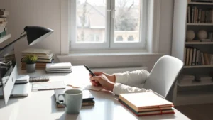 Person sitting at organized desk with morning coffee, journaling with focused determination, natural sunlight streaming through window, clean workspace reflecting discipline and intentionality