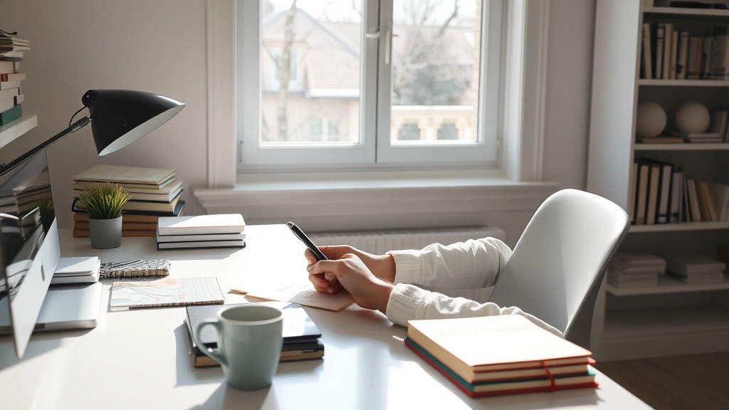 Person sitting at organized desk with morning coffee, journaling with focused determination, natural sunlight streaming through window, clean workspace reflecting discipline and intentionality