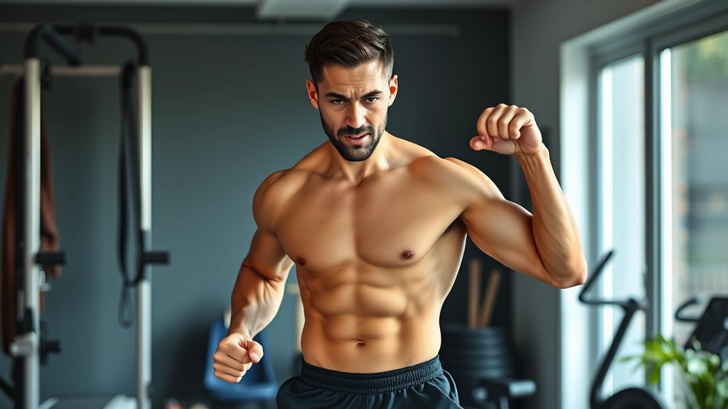 Fit individual in athletic wear completing morning workout in home gym, showing strength and commitment, sweat visible demonstrating effort, determined facial expression during exercise