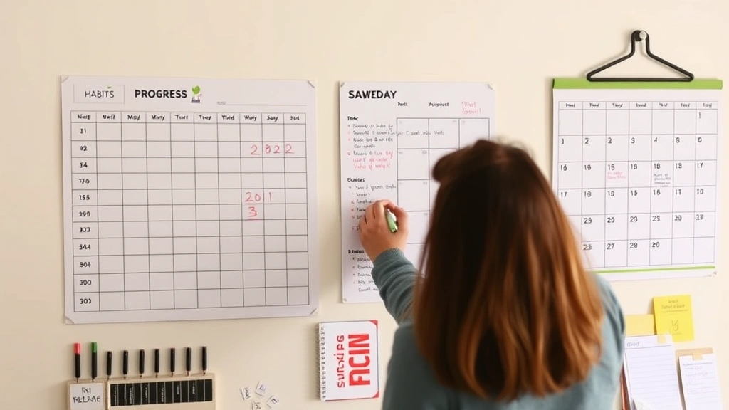 Person reviewing progress tracker and calendar on wall, marking completed daily habits with satisfaction, visual representation of consistency streak, organized planning materials showing discipline system