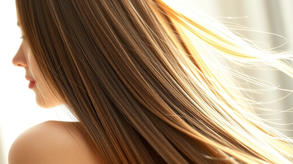 Woman with long, shiny, healthy hair flowing in natural light, showing vibrant scalp health and thickness, close-up of hair strands with visible shine and vitality, professional wellness setting