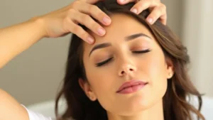 Woman performing scalp massage with fingertips, eyes closed, serene expression, natural lighting, demonstrating hair care wellness routine