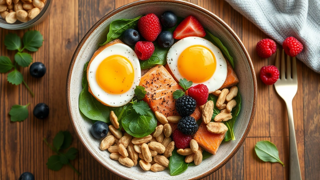Overhead view of nutritious breakfast bowl with salmon, eggs, spinach, berries, and nuts on wooden table, healthy eating for hair growth