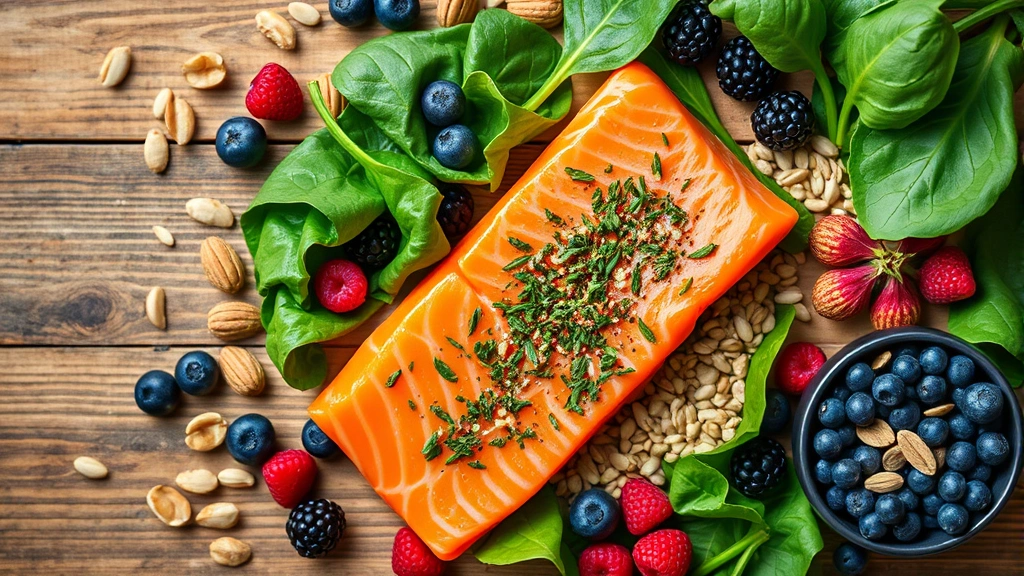 Overhead view of colorful nutritious foods including salmon, spinach, berries, nuts, and seeds arranged on wooden surface, vibrant healthy meal ingredients