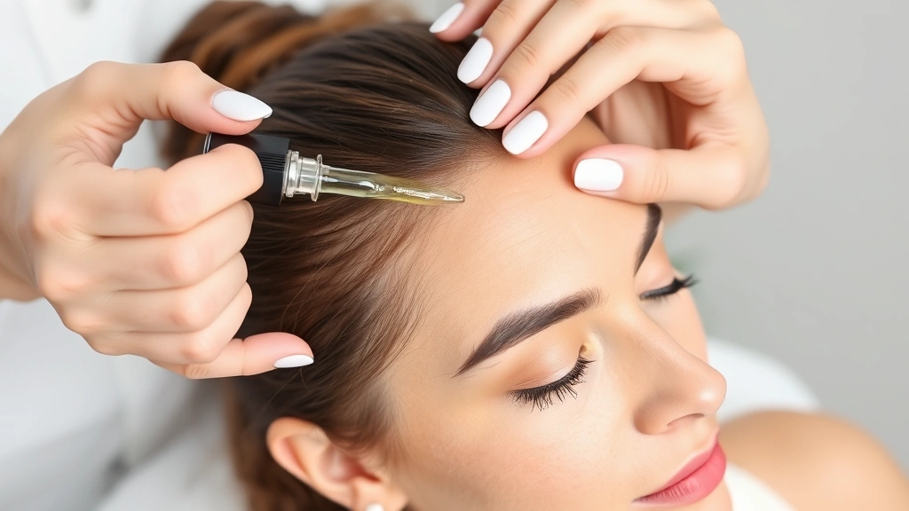 Person applying hair serum to scalp with dropper, focus on application technique, professional dermatological treatment setup
